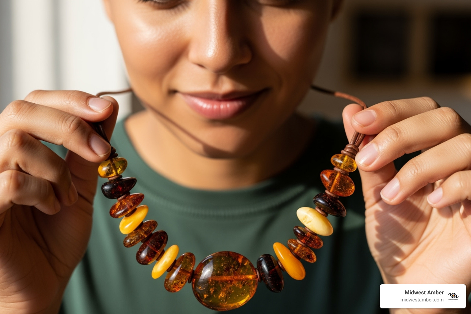 a person admiring a handcrafted amber necklace - natural Baltic amber