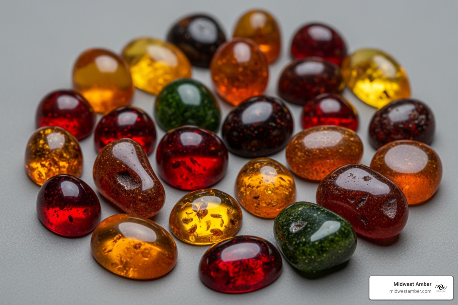 a variety of amber colors like honey, cognac, cherry, and green - natural Baltic amber