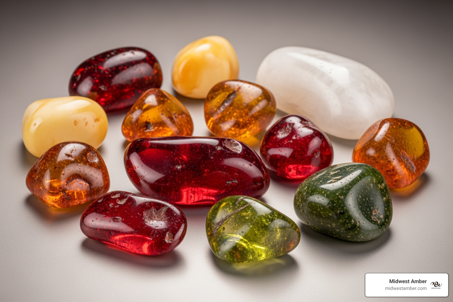Variety of amber colors like honey, cherry, white, and green - certified Baltic amber
