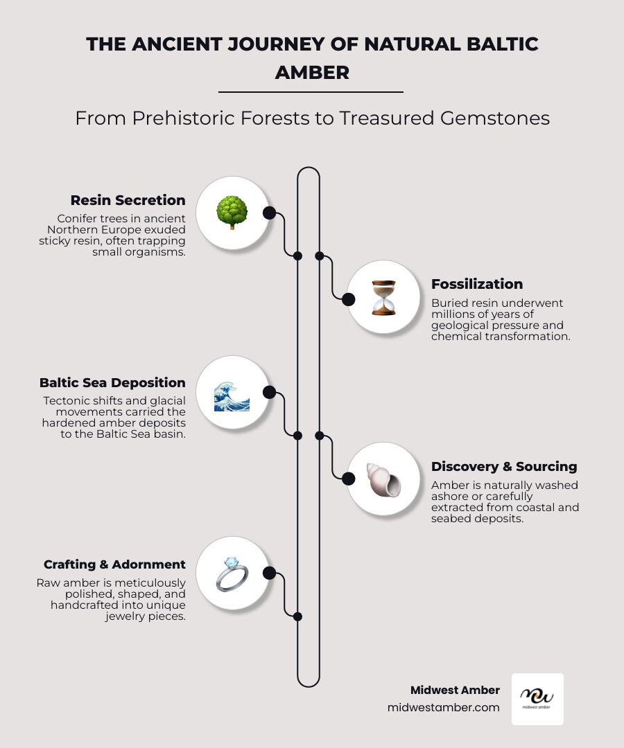 Infographic showing the journey of natural Baltic amber from prehistoric conifer tree resin 40-60 million years ago, through geological processes, to modern jewelry pieces, including formation stages, chemical composition breakdown, color varieties, and key identifying characteristics - natural Baltic amber infographic infographic-line-5-steps-neat_beige