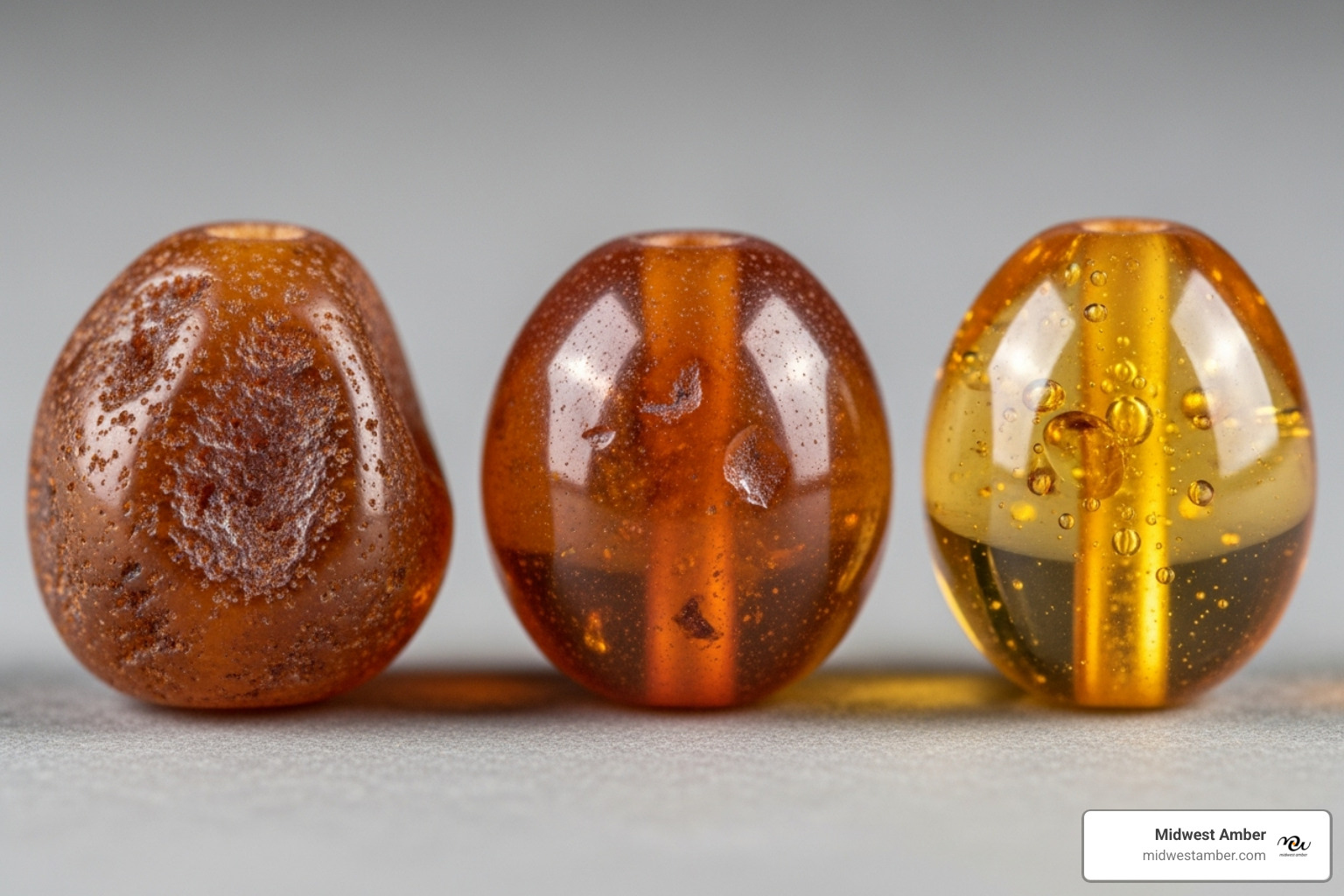 Textures of raw, burnished, and polished amber beads - certified Baltic amber