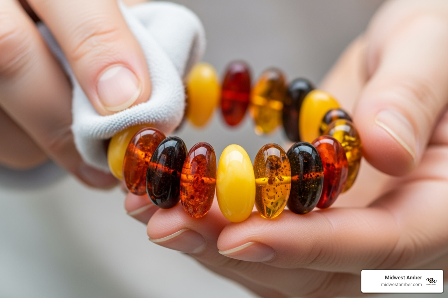 person gently cleaning an amber bracelet - multicolor amber bracelet