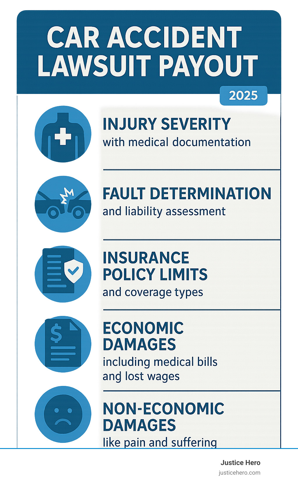 Infographic showing the five key factors that determine car accident lawsuit payout amounts: injury severity with medical documentation, fault determination and liability assessment, insurance policy limits and coverage types, economic damages including medical bills and lost wages, and non-economic damages like pain and suffering - car accident lawsuit payout infographic 