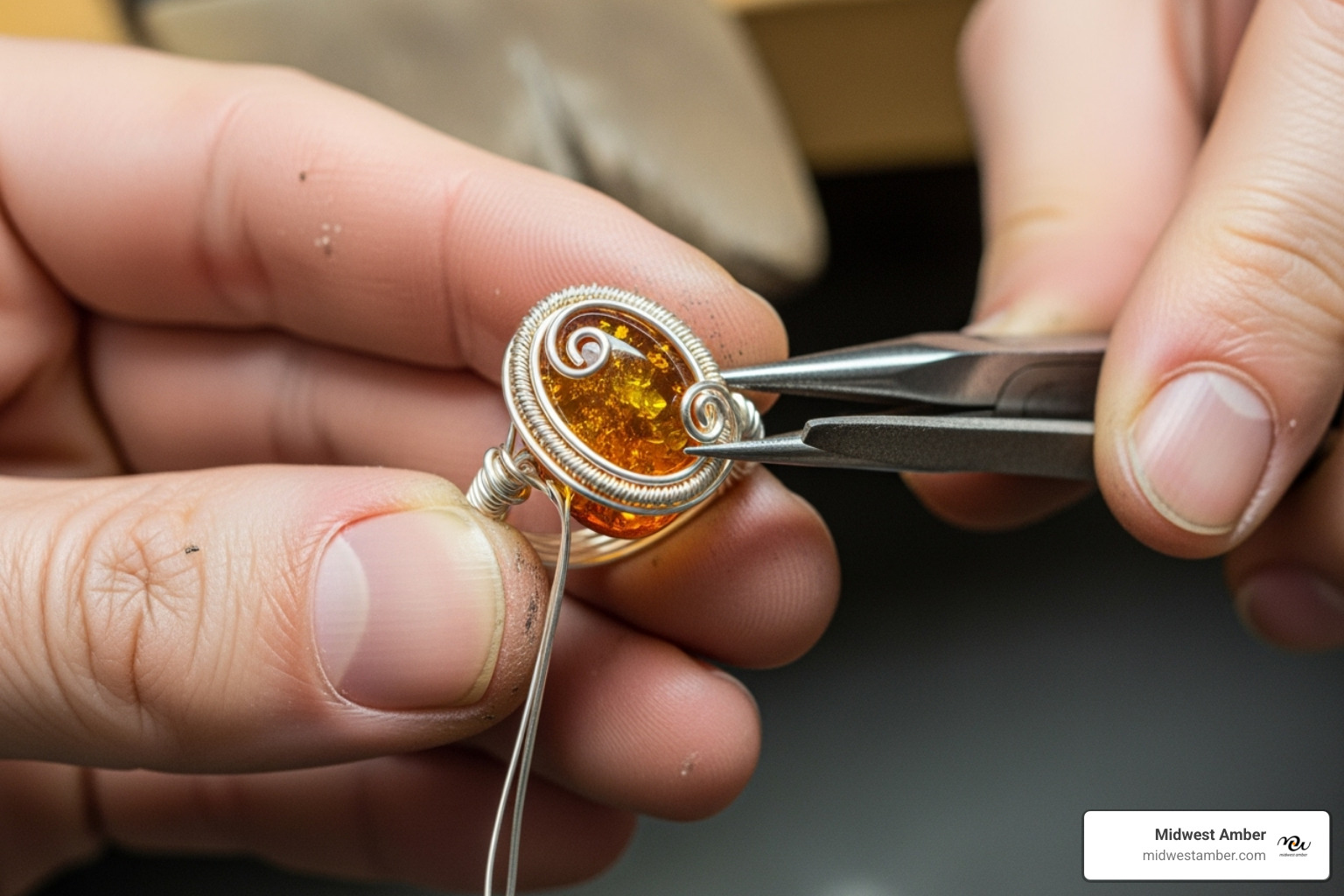 Image of a key step in the wire-wrapping process, showing hands at work - amber crystal ring