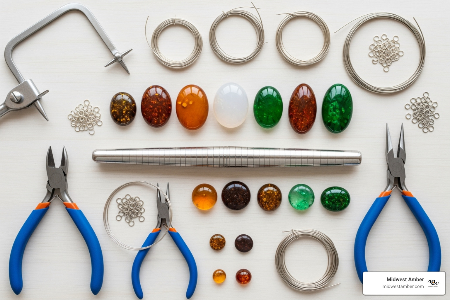 Image of all the necessary materials and tools laid out neatly - amber crystal ring