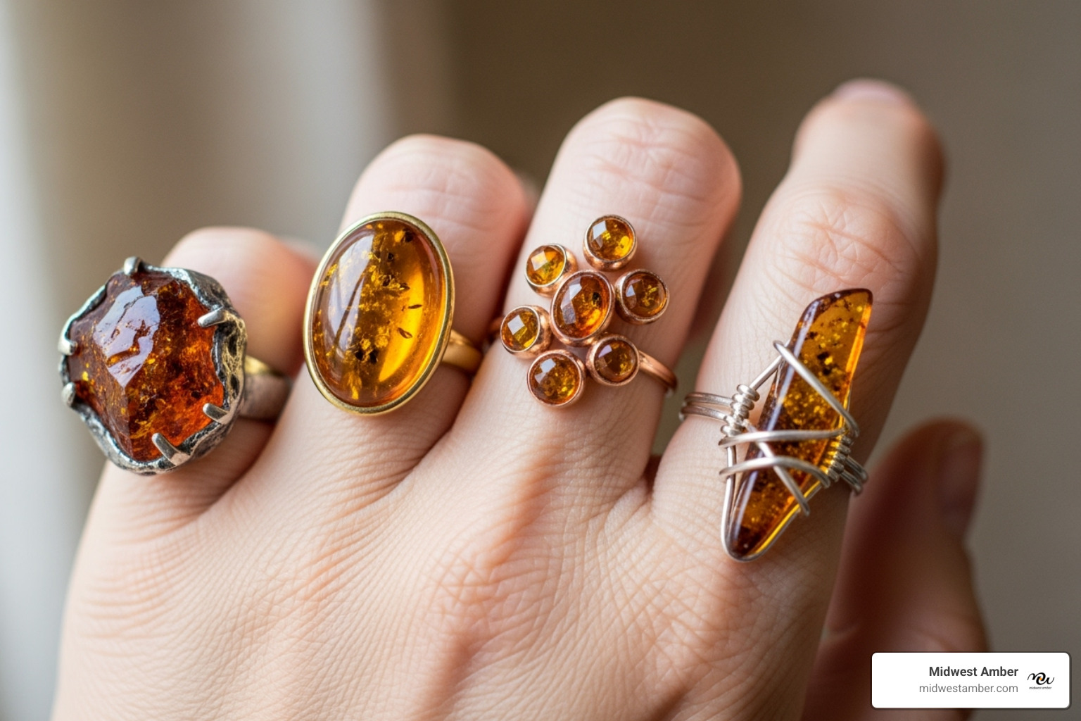 Image of different styled DIY amber rings on a hand - amber crystal ring