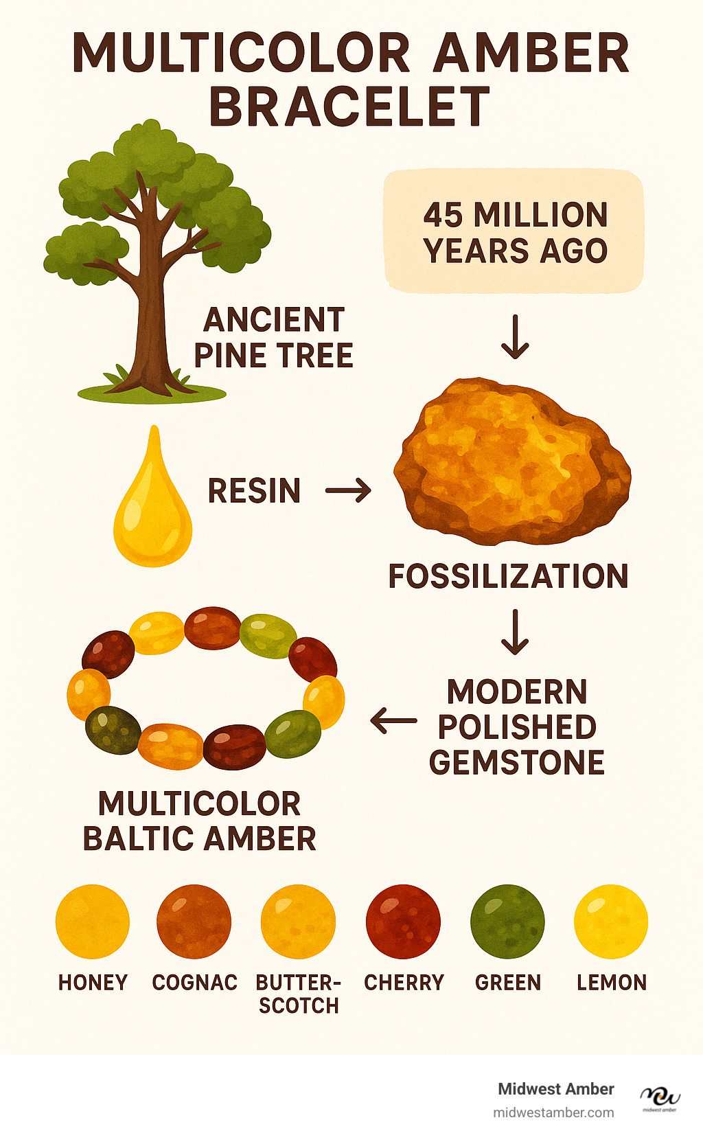 Infographic showing the formation process of amber from ancient pine tree resin 45 million years ago through fossilization to modern polished gemstone bracelets, including the different natural color variations found in multicolor Baltic amber - multicolor amber bracelet infographic 