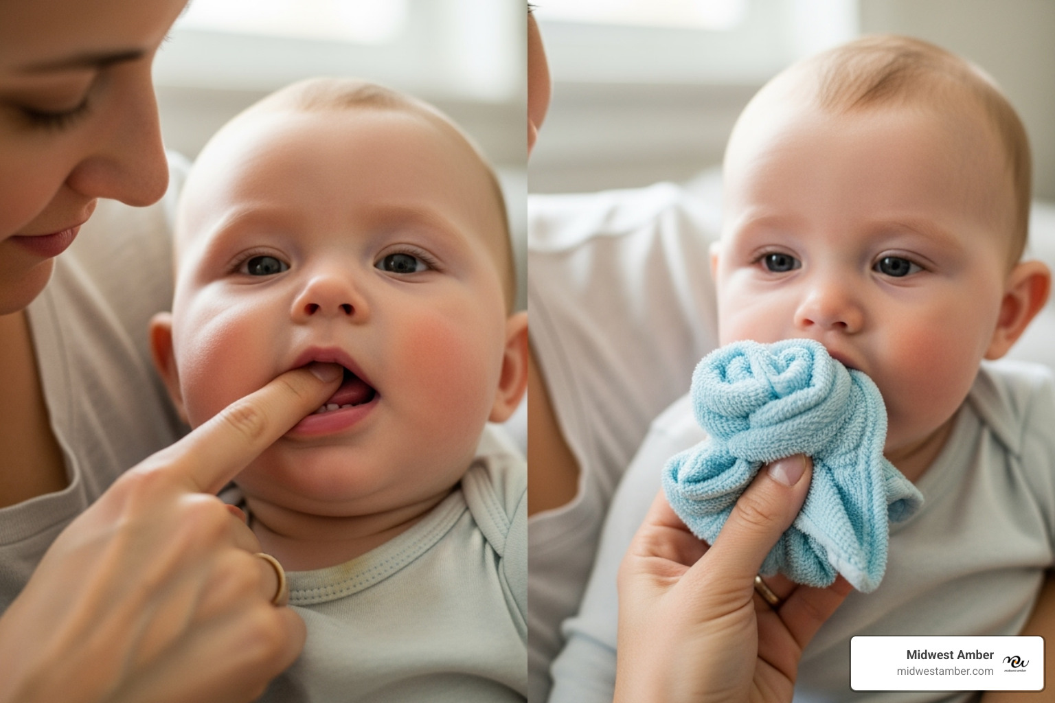 a parent gently massaging a baby's gums or offering a chilled washcloth - amber stone teething necklace