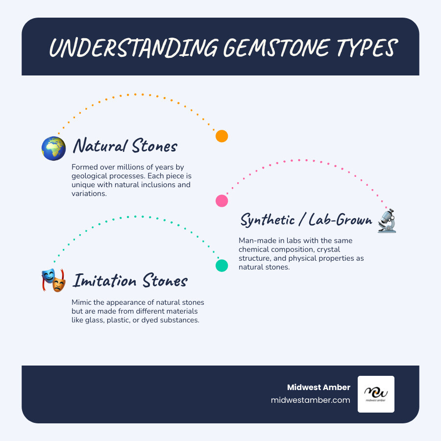 Infographic showing the key differences between natural stones (formed over millions of years with unique inclusions), synthetic stones (lab-created with identical chemical composition), and imitation stones (made from glass, plastic, or other materials to mimic appearance only) - authentic stone jewelry infographic infographic-line-3-steps-blues-accent_colors