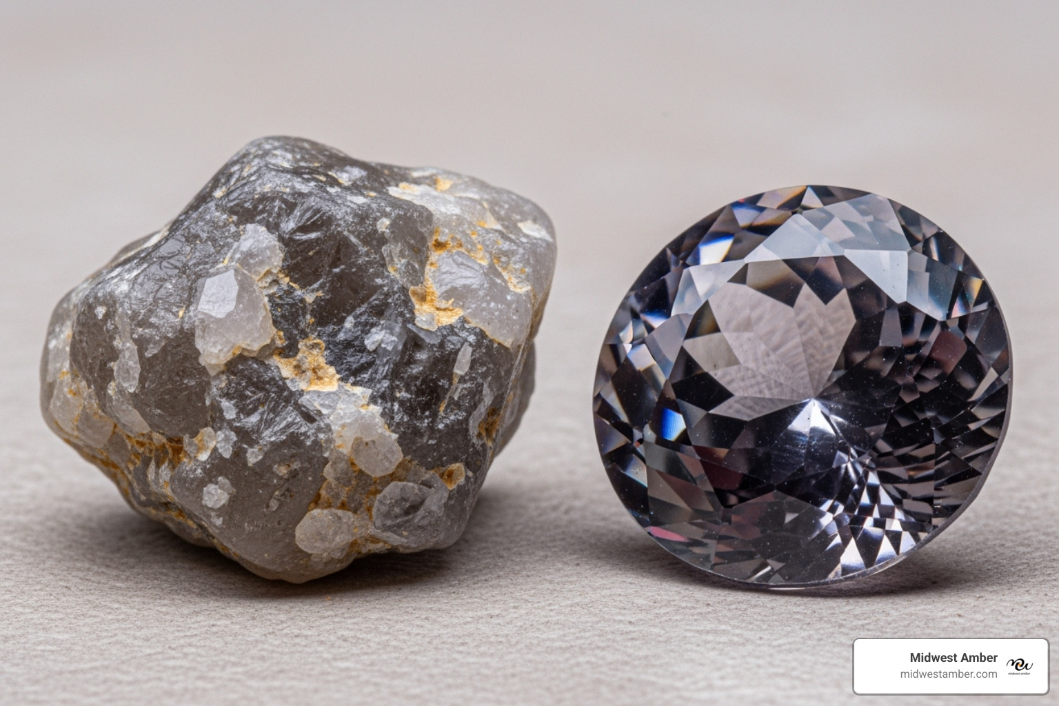 natural raw gemstone next to a polished one - authentic stone jewelry