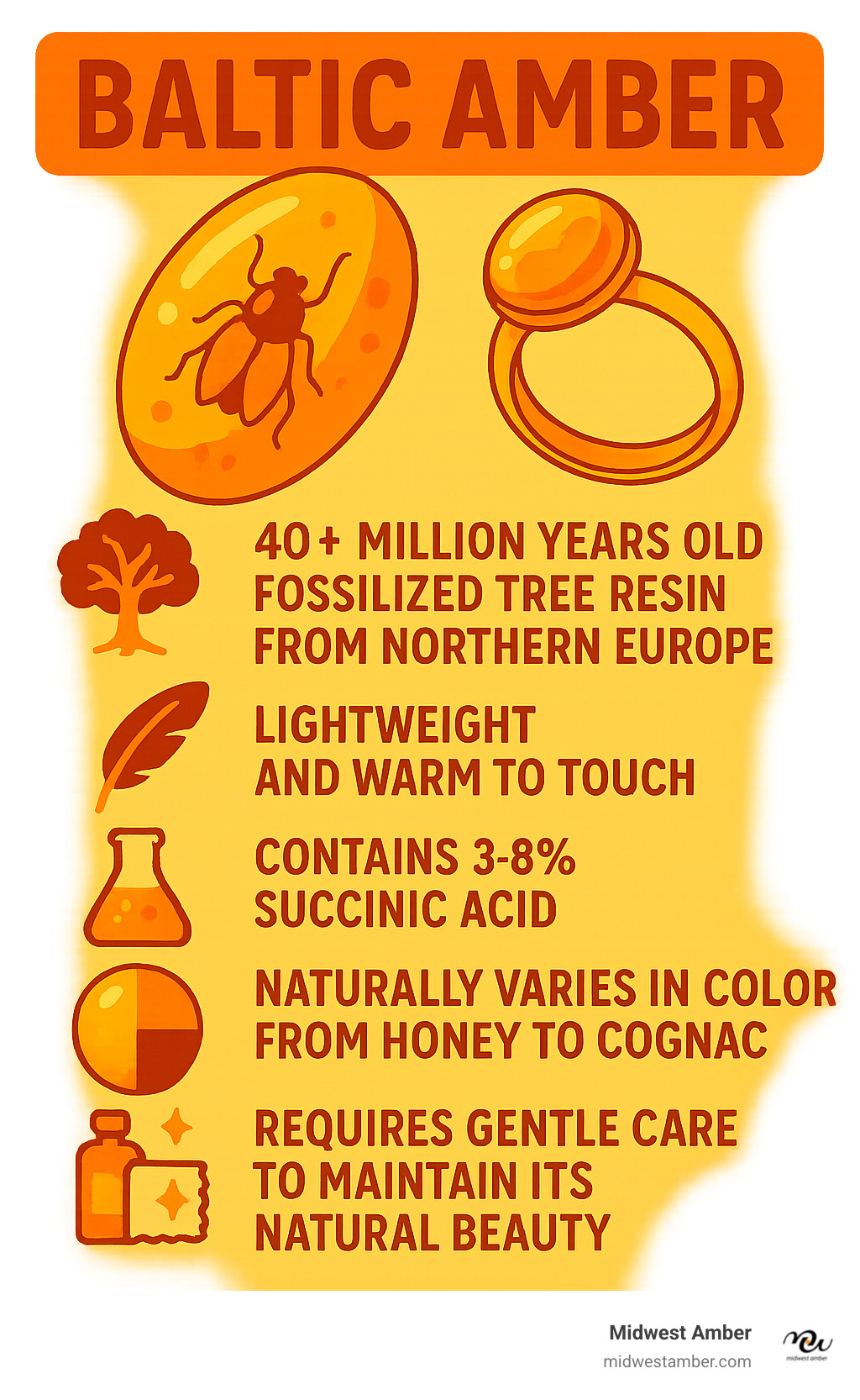 Infographic showing Baltic Amber properties: 40+ million years old fossilized tree resin from Northern Europe, lightweight and warm to touch, contains 3-8% succinic acid, naturally varies in color from honey to cognac, and requires gentle care to maintain its natural beauty - amber crystal ring infographic 