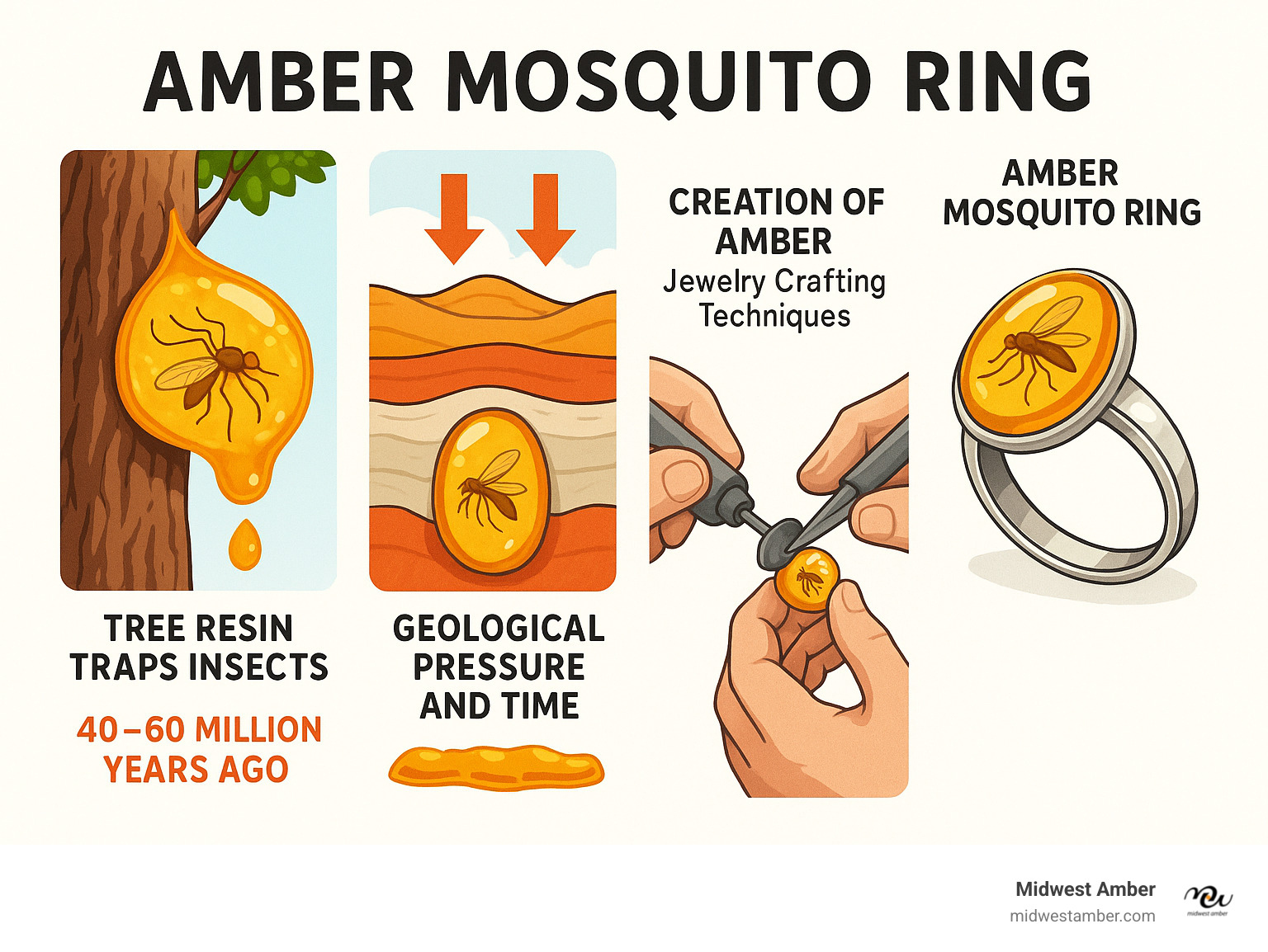 Detailed infographic showing the fossilization process: tree resin trapping insects 40-60 million years ago, geological pressure and time creating amber, and modern jewelry crafting techniques used to create amber mosquito rings - amber mosquito ring infographic 