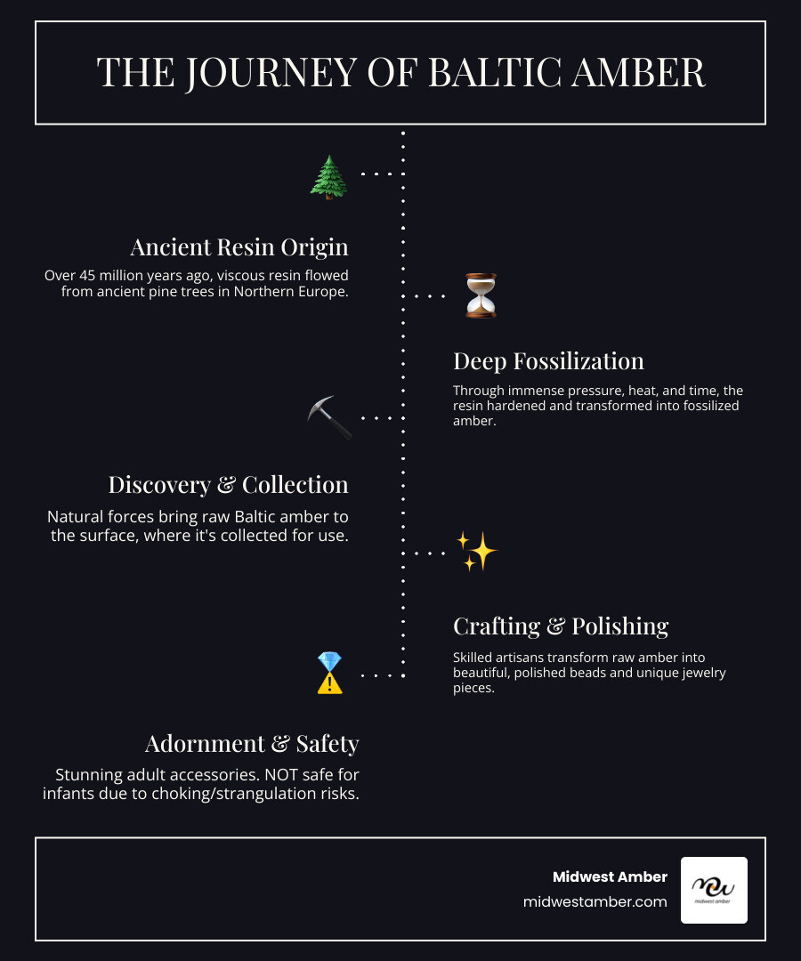 Infographic showing the journey of Baltic amber from ancient pine forests 45 million years ago through fossilization process to modern handcrafted jewelry, including safety guidelines distinguishing adult jewelry from unsafe infant products - Baltic amber necklace infographic infographic-line-5-steps-dark