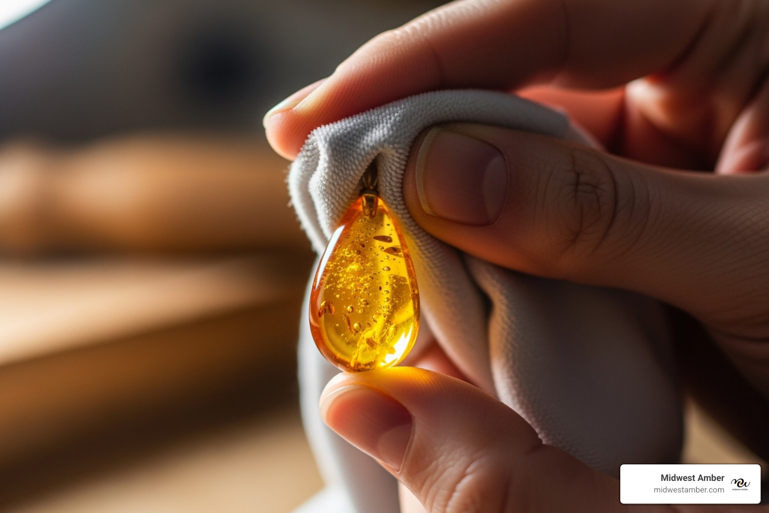 hand gently cleaning an amber pendant with a soft cloth - buy amber jewelry