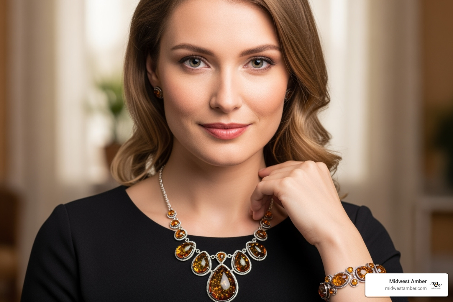 model wearing an neat amber necklace and bracelet set - buy amber jewelry