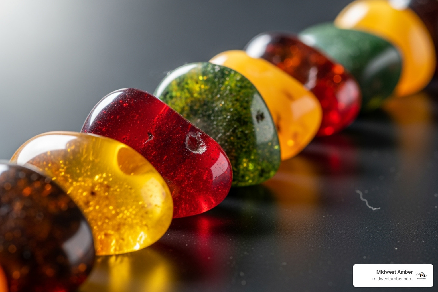 different amber colors side-by-side, including honey, cherry, and green - buy amber jewelry