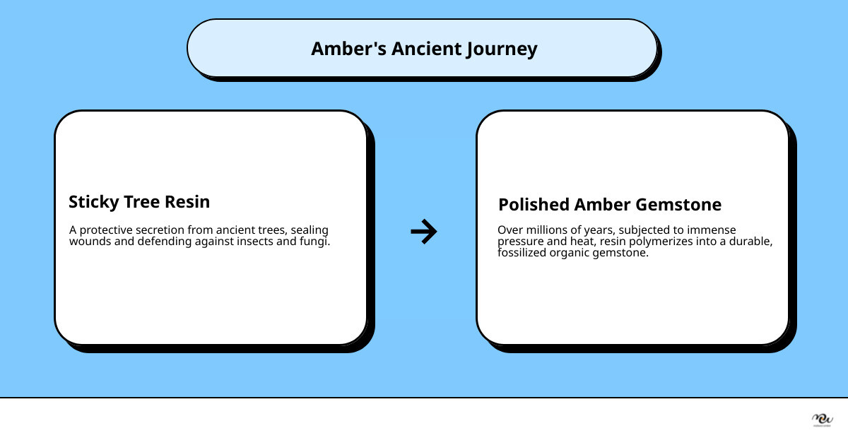 Infographic showing the journey of amber from ancient pine tree resin dripping down bark, through millions of years of geological pressure and heat, to becoming polished amber gemstones ready for jewelry - amber crystal infographic cause_effect_text