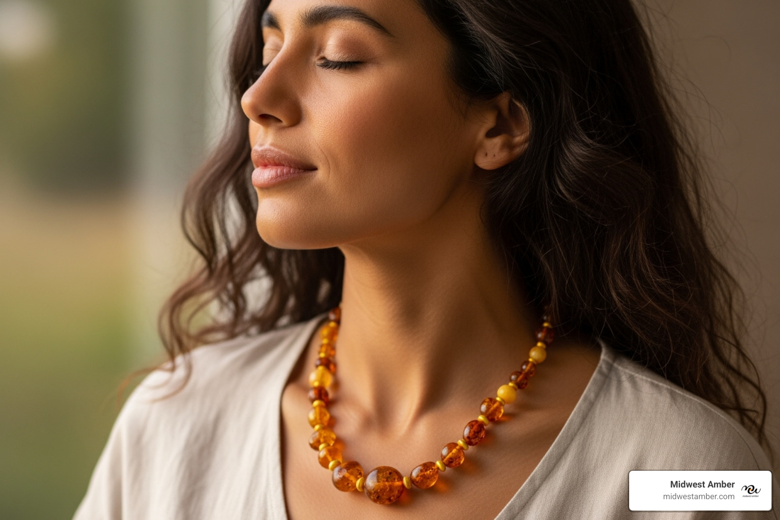 person wearing an amber necklace, looking serene - amber crystal