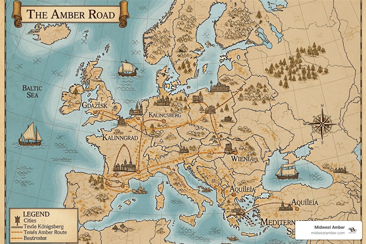 ancient map showing the Amber Road trade route - amber crystal