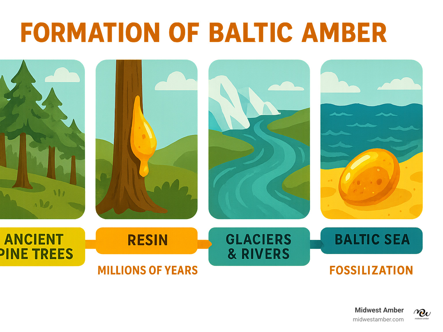 Infographic showing the formation process of Baltic Amber from ancient pine tree resin through millions of years of natural polymerization, highlighting how glaciers and rivers transported the resin to the Baltic Sea where it fossilized into the amber we treasure today - buy amber jewelry infographic 