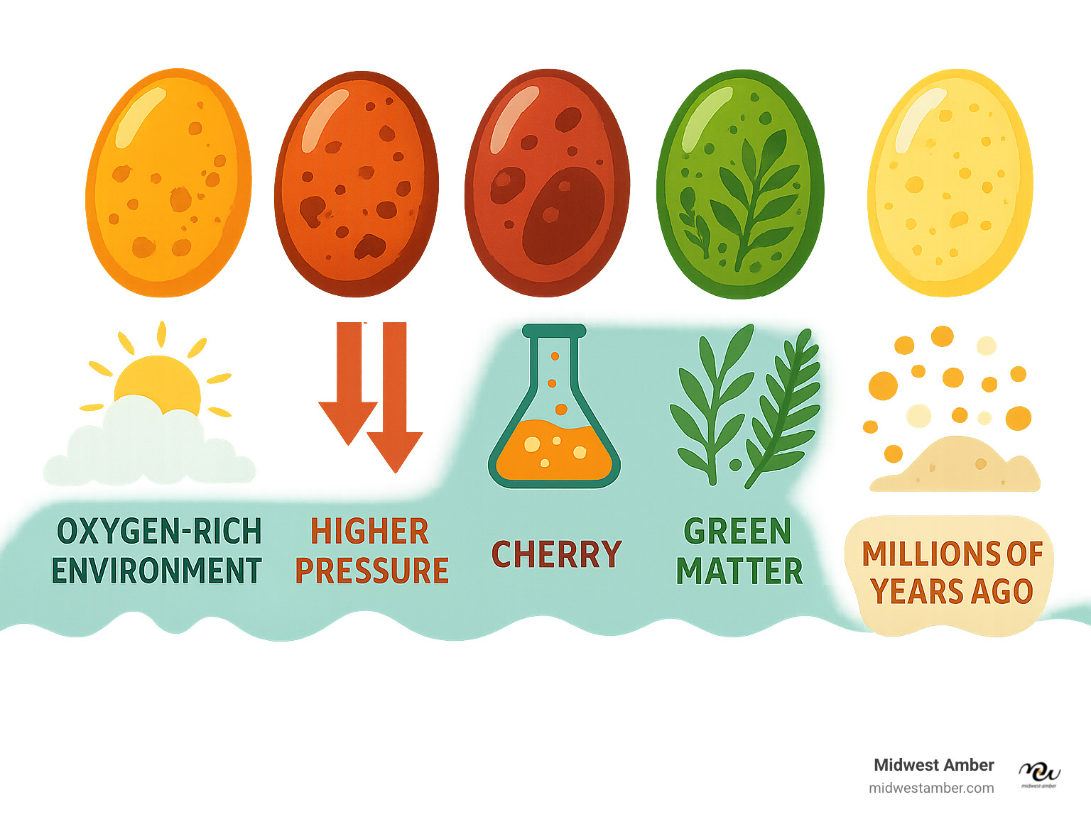 Infographic showing the natural formation and color variations of Baltic amber: honey amber forms in oxygen-rich environments, cognac develops from higher pressure conditions, cherry amber contains more succinic acid, green amber includes plant matter, and butterscotch amber has tiny air bubbles trapped during fossilization millions of the years ago - multicolor amber earrings infographic 