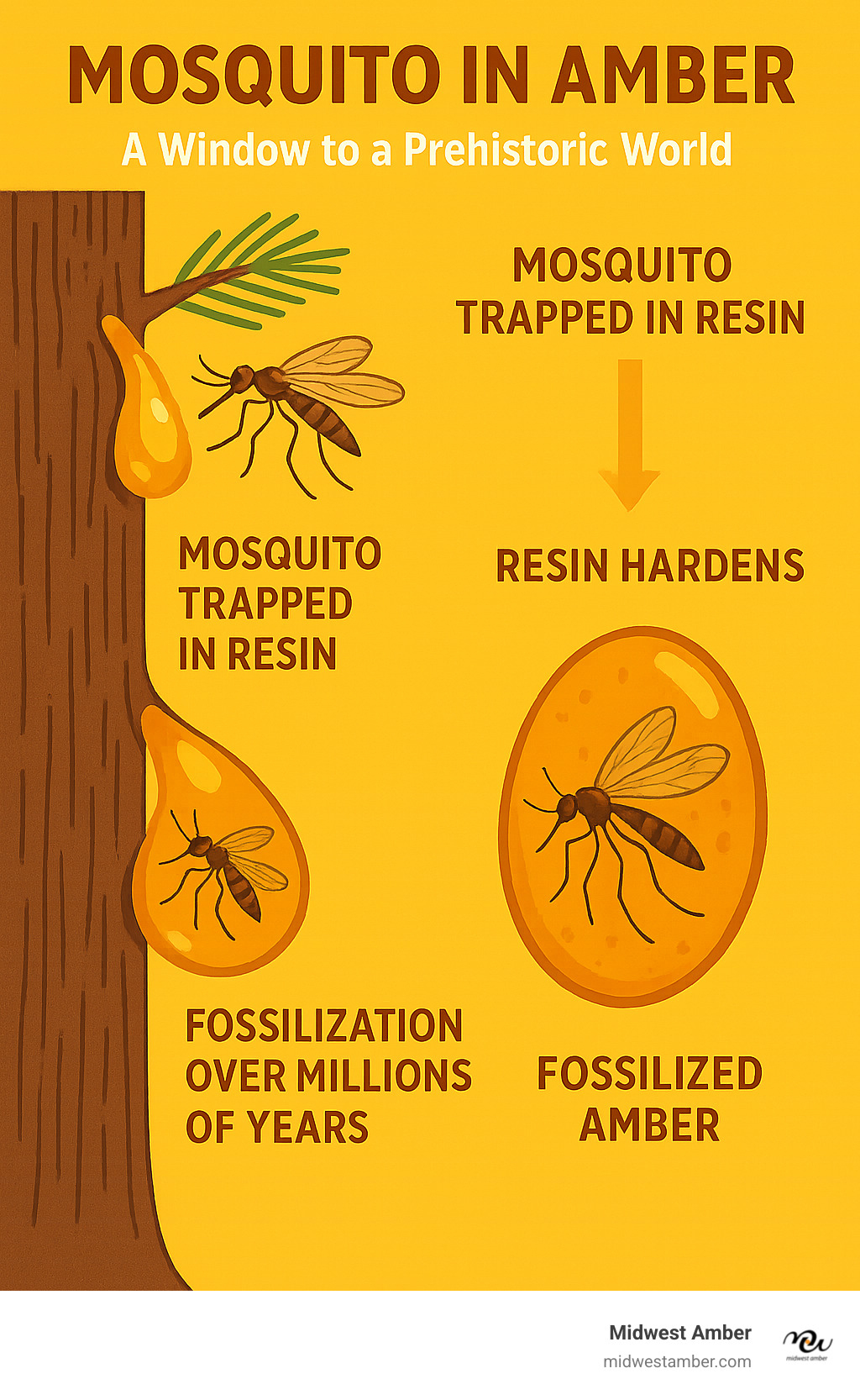 Detailed infographic showing the process of how a mosquito gets trapped in sticky pine tree resin, the resin hardens over time, and through millions of years transforms into fossilized amber with the perfectly preserved insect inclusion visible inside - mosquito in amber necklace infographic Detailed infographic showing the process of how a mosquito gets trapped in sticky pine tree resin, the resin hardens over time, and through millions of years transforms into fossilized amber with the perfectly preserved insect inclusion visible inside - mosquito in amber necklace infographic