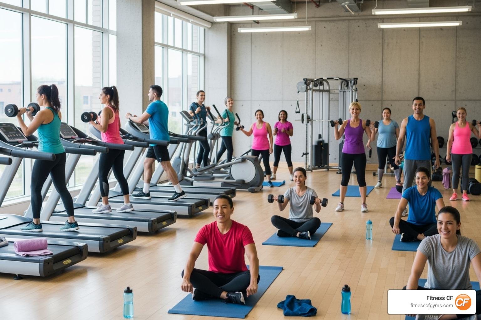 Image of a diverse group of happy people working out in a clean, modern fitness space Image of a diverse group of happy people working out in a clean, modern fitness space