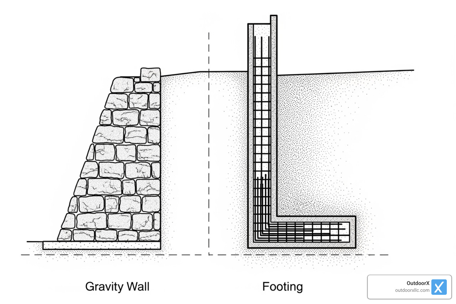 Diagram showing the difference between a gravity wall and a reinforced wall - retaining wall companies near me Diagram showing the difference between a gravity wall and a reinforced wall - retaining wall companies near me
