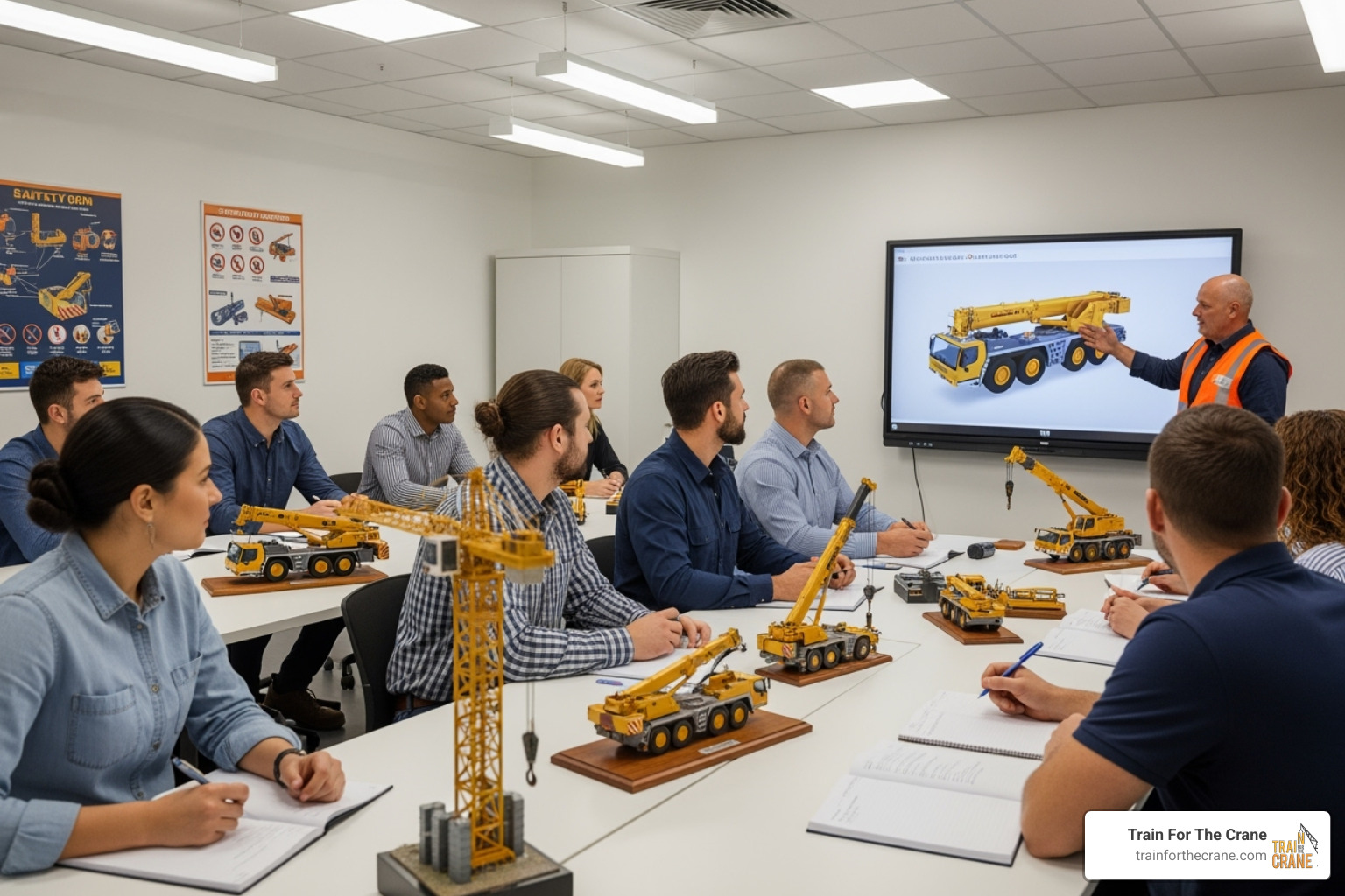 diverse group of students in a crane training class with an instructor - how to become a crane operator