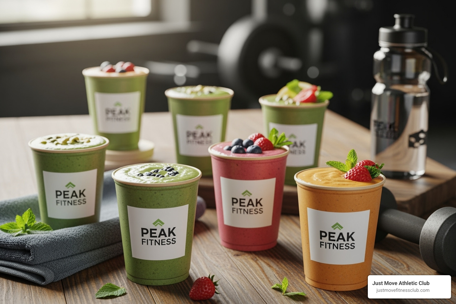 eco-friendly smoothie cups with a gym's branding - Smoothie bar gym