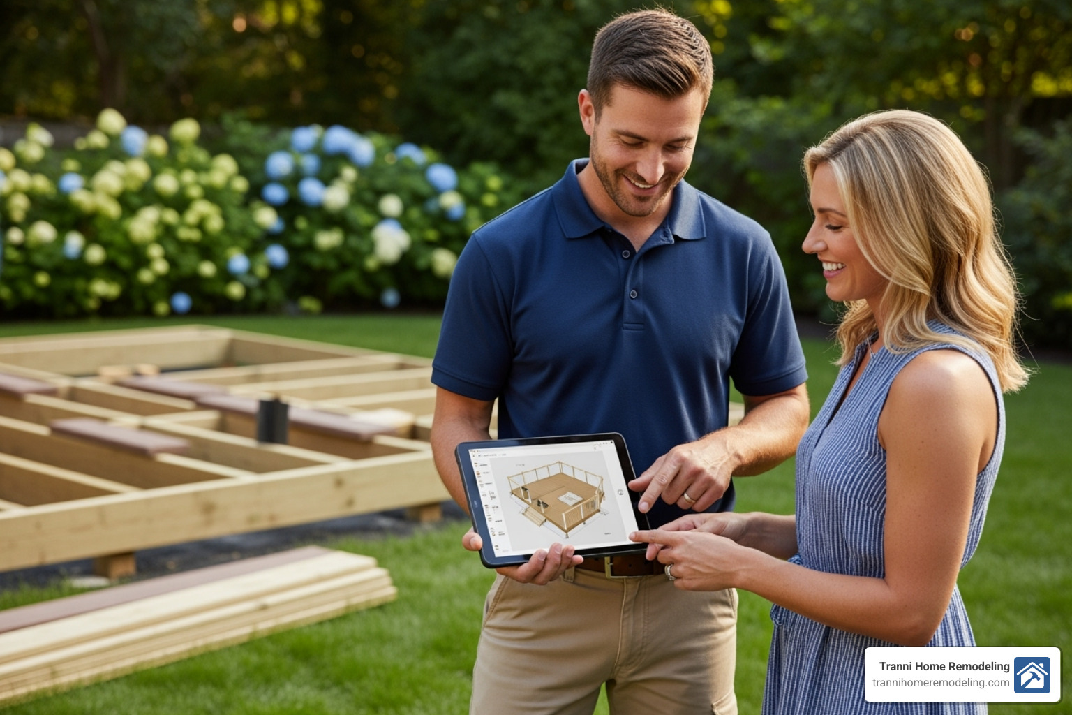 Image of a friendly, professional contractor discussing plans with a homeowner - deck contractor