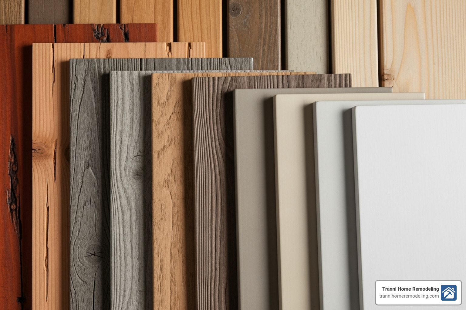 Image of various decking material samples, showing different colors and textures - deck contractor