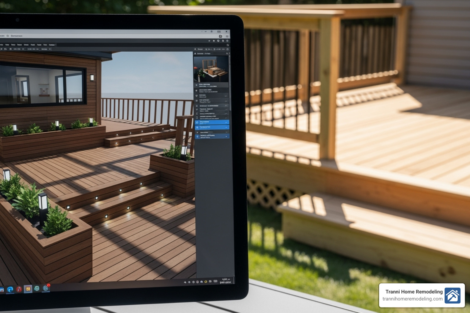 Image of a 3D deck design on a computer screen next to the finished deck - deck contractor