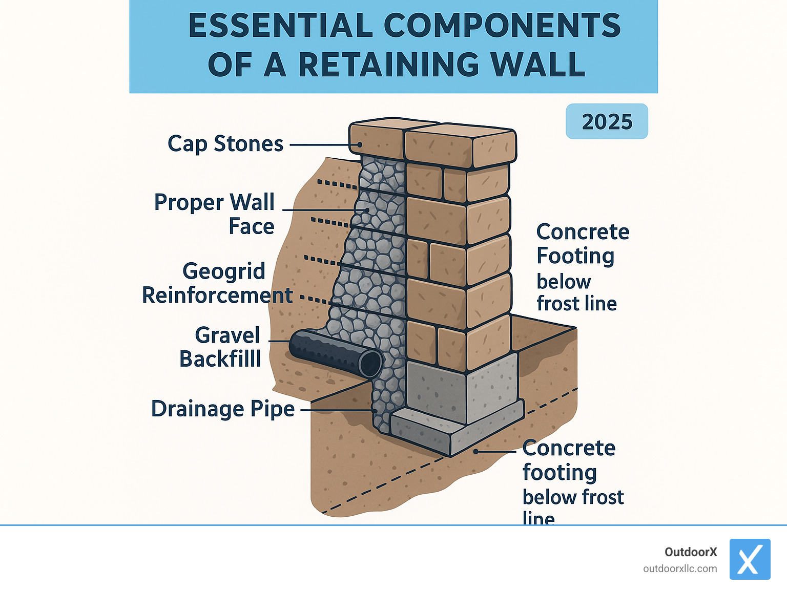 Infographic showing the essential components of a retaining wall including concrete footing below frost line, drainage pipe with gravel backfill, geogrid reinforcement layers, and proper wall face construction with cap stones - retaining wall companies near me infographic Infographic showing the essential components of a retaining wall including concrete footing below frost line, drainage pipe with gravel backfill, geogrid reinforcement layers, and proper wall face construction with cap stones - retaining wall companies near me infographic
