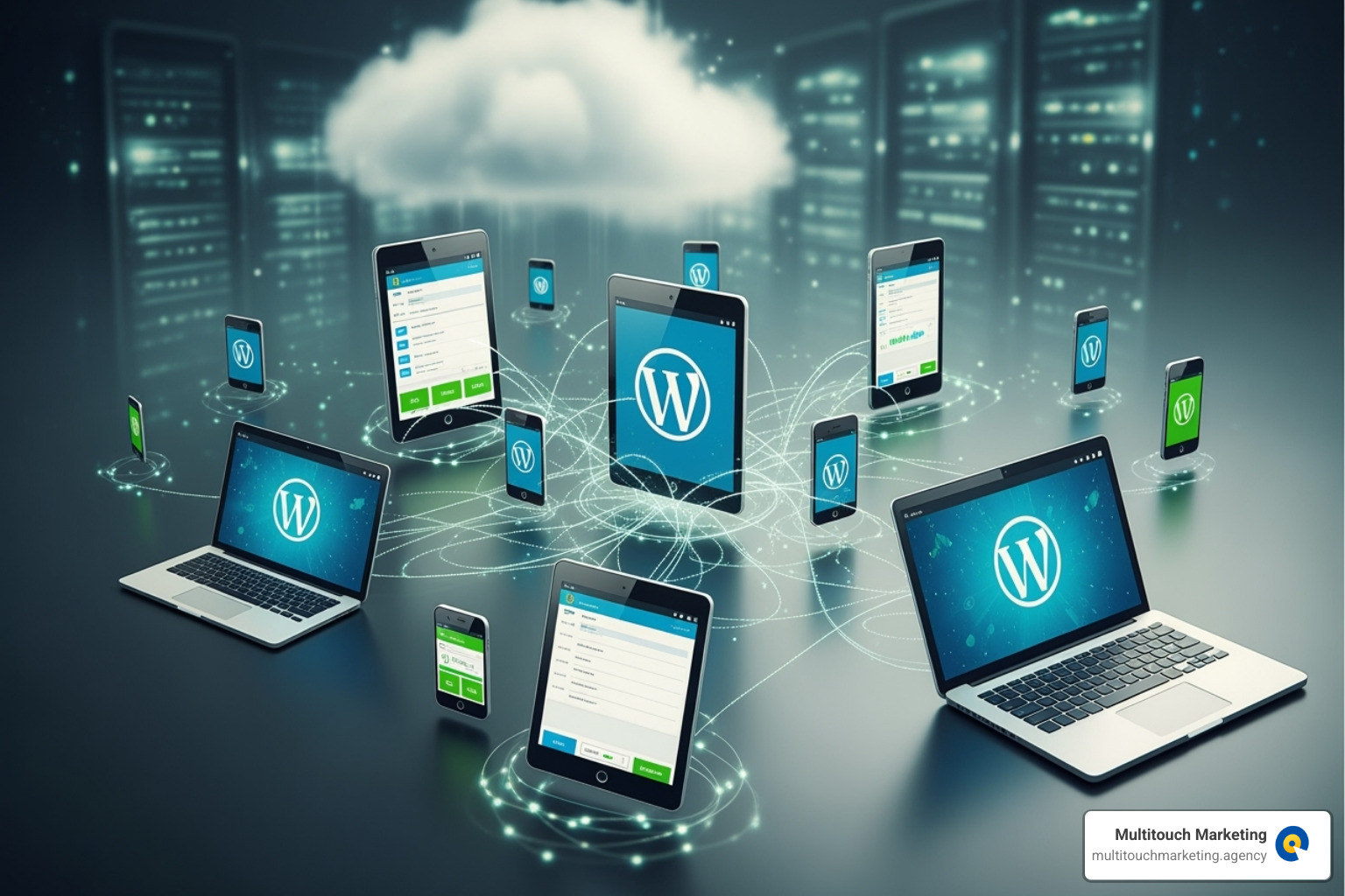 A circular flow diagram showing the continuous cycle of Monitor -> Update -> Backup -> Secure -> Optimize - wordpress management companies