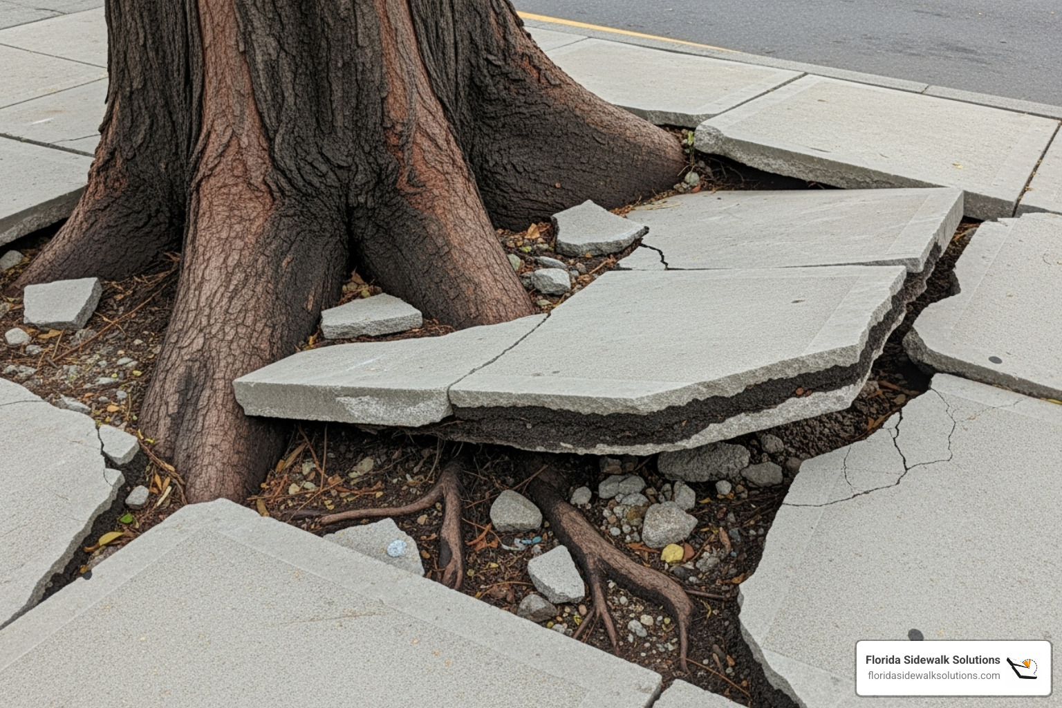 A large tree root uplifting a sidewalk panel, showing cracks and unevenness - concrete leveling in Miami