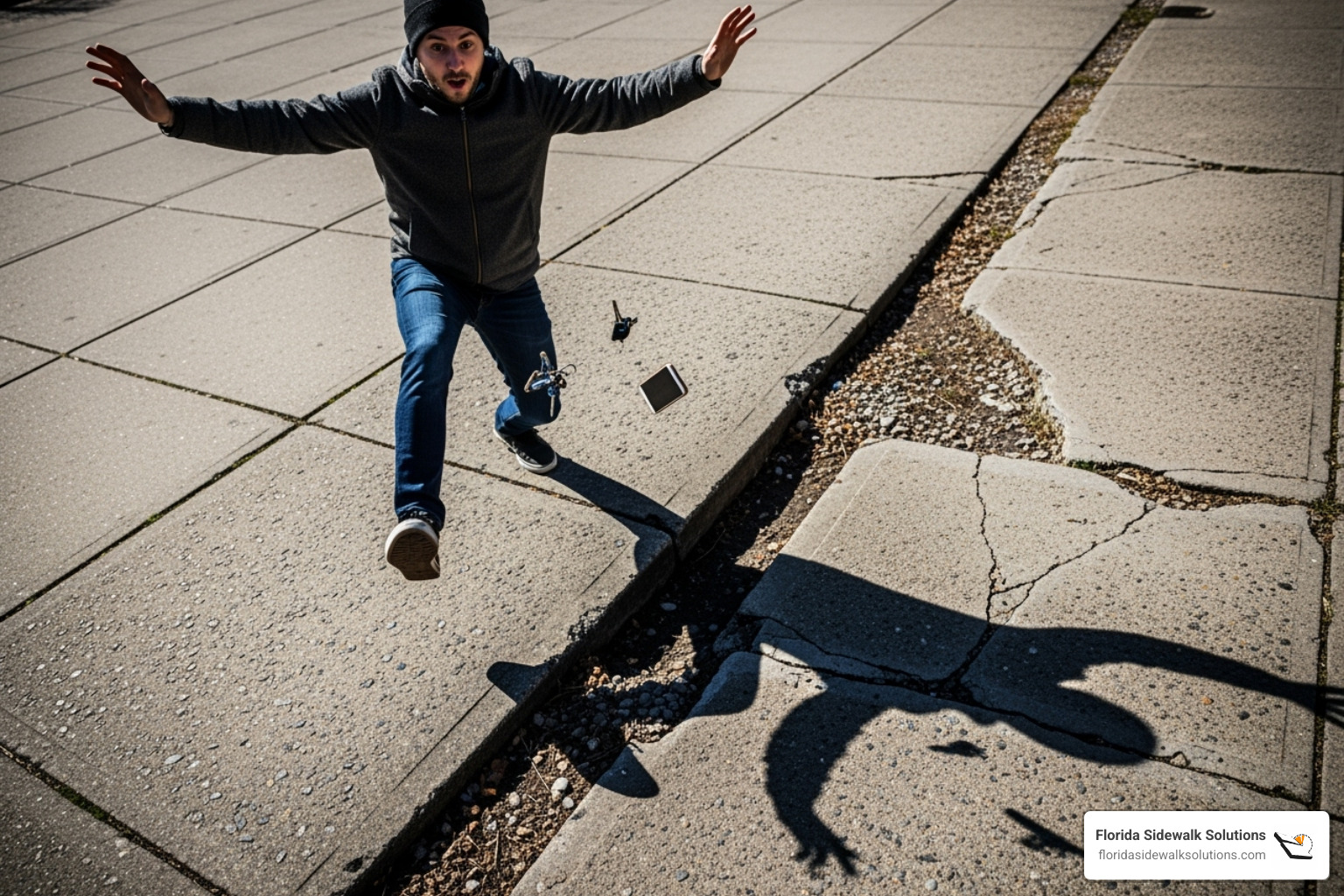 A person tripping on an uneven sidewalk slab, emphasizing the danger - concrete leveling in Miami
