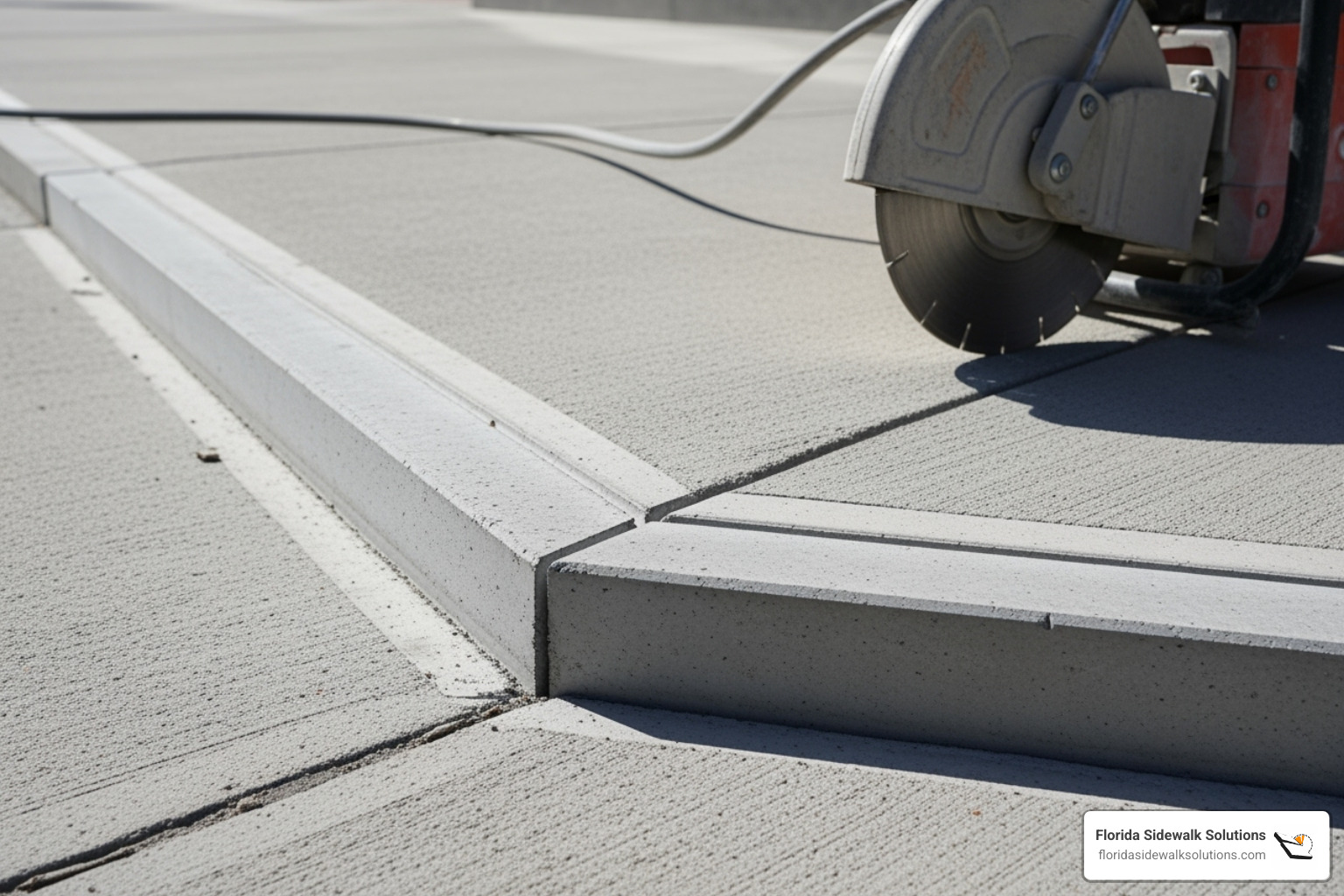 A clean, precise cut on a concrete sidewalk, showing the leveled surface and the tool used - concrete leveling in Miami