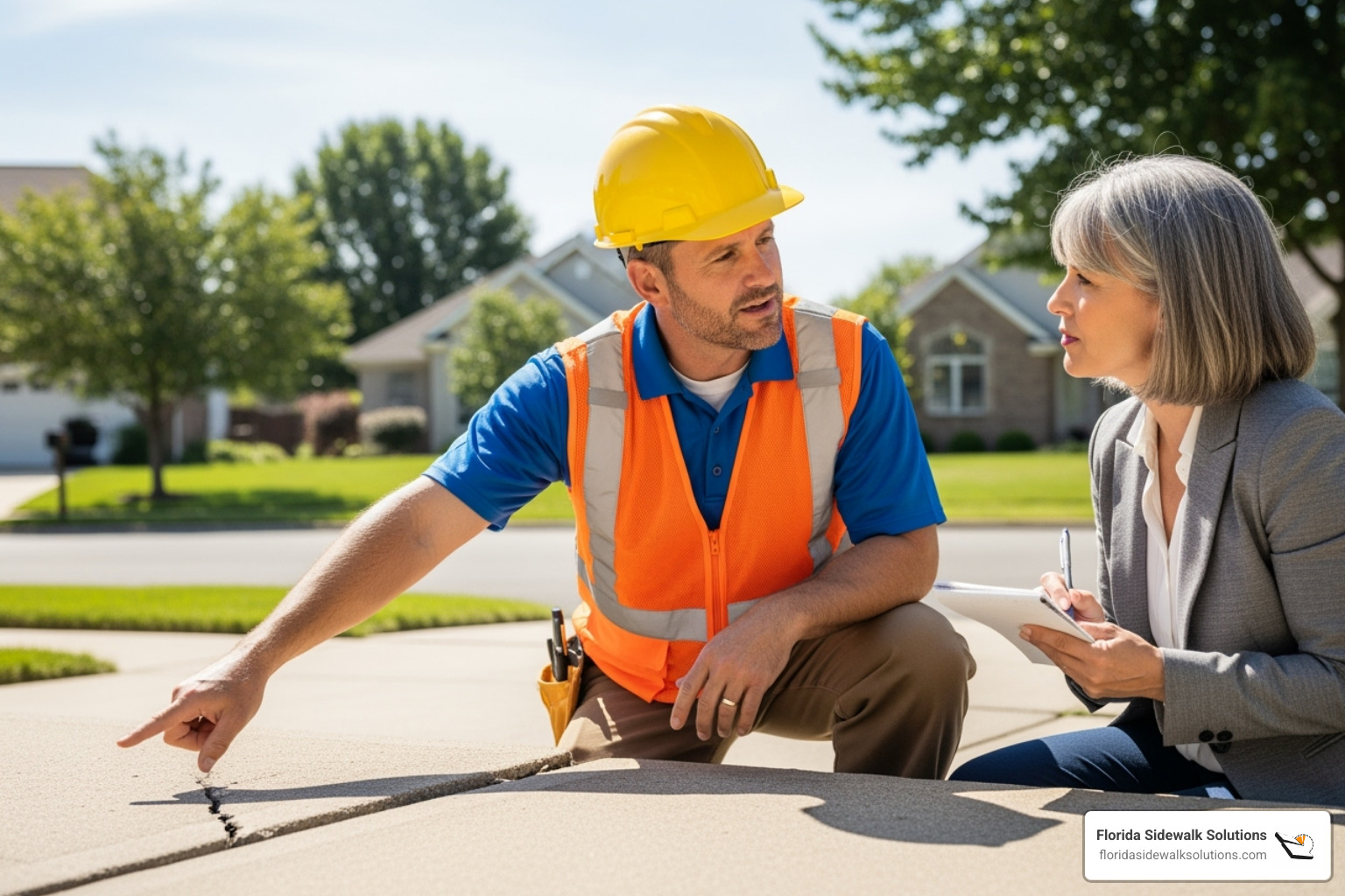 A professional contractor inspecting a sidewalk with a client, demonstrating expertise and clear communication - concrete leveling in Miami
