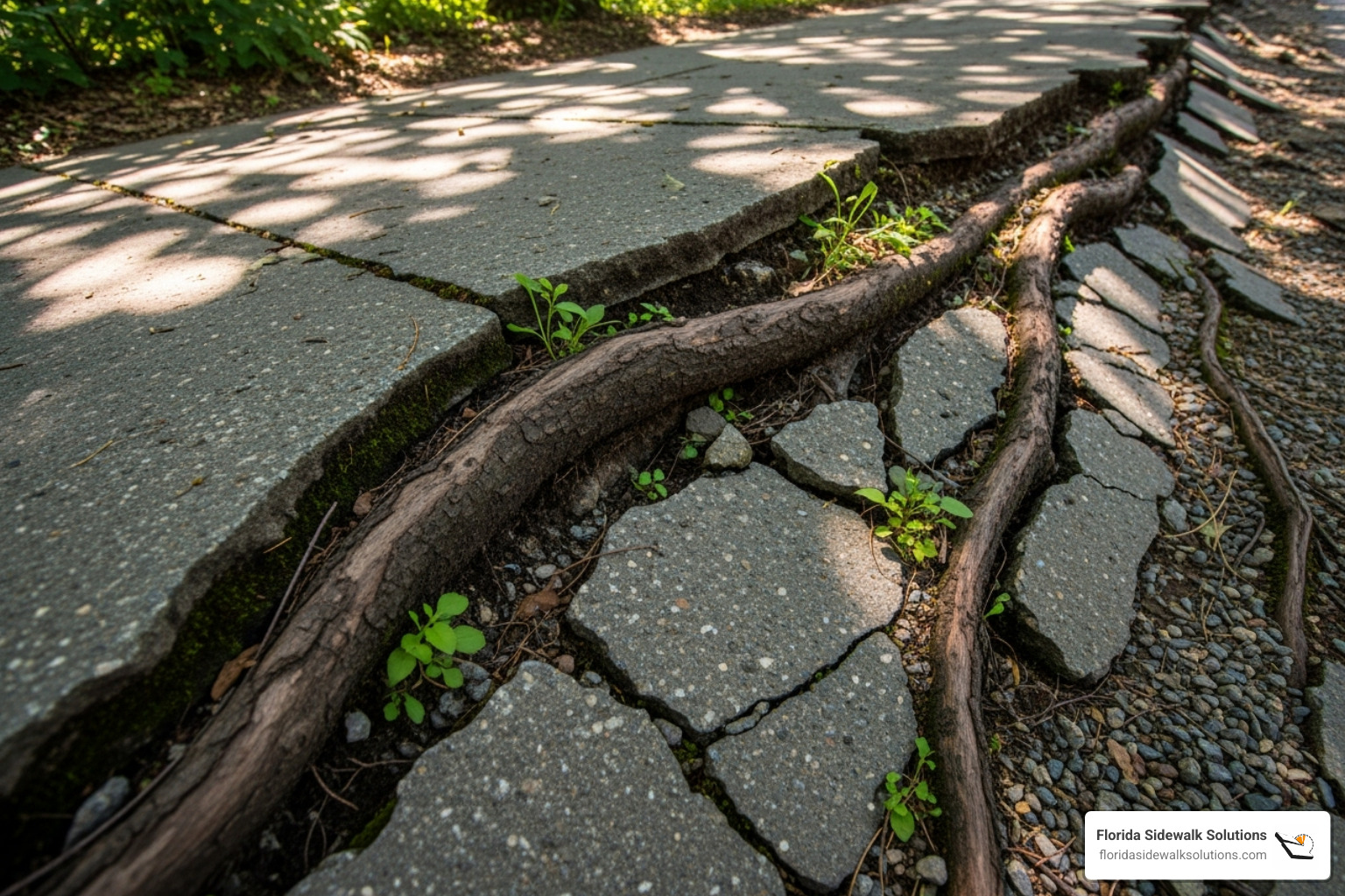 sidewalk being lifted and cracked by large tree roots - affordable sidewalk solutions
