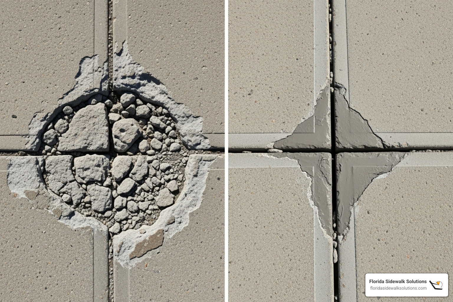 showing a failed patch and a messy ground surface versus a clean, precise cut - cement crack repair