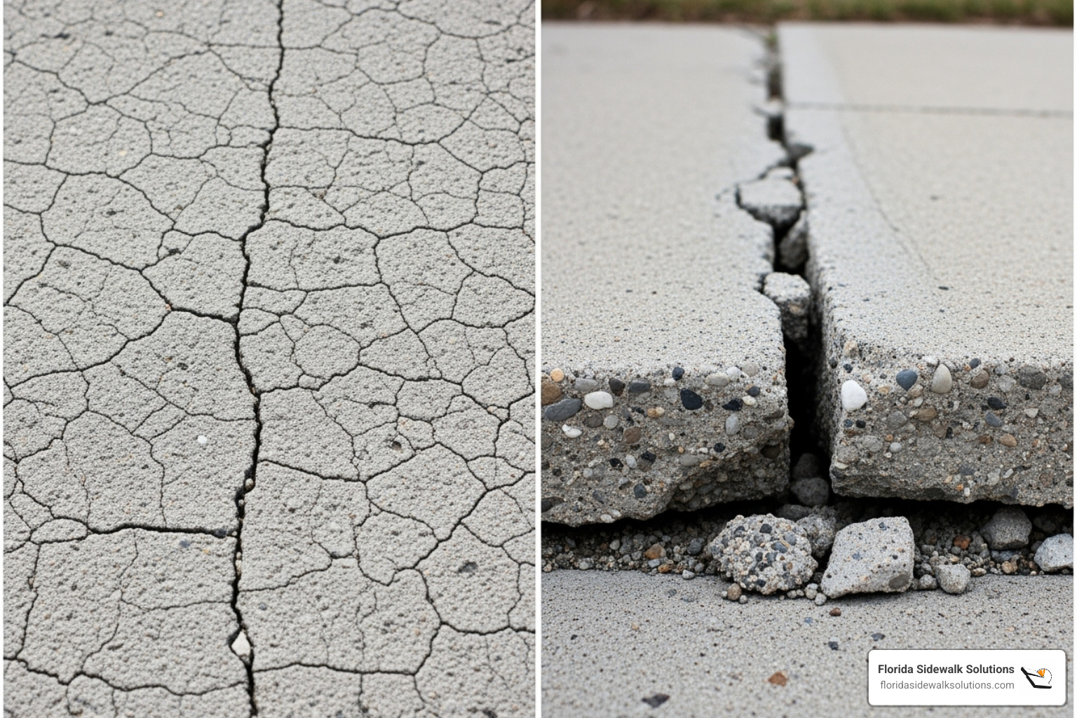 comparing a hairline crack to a large, uneven trip hazard crack - cement crack repair