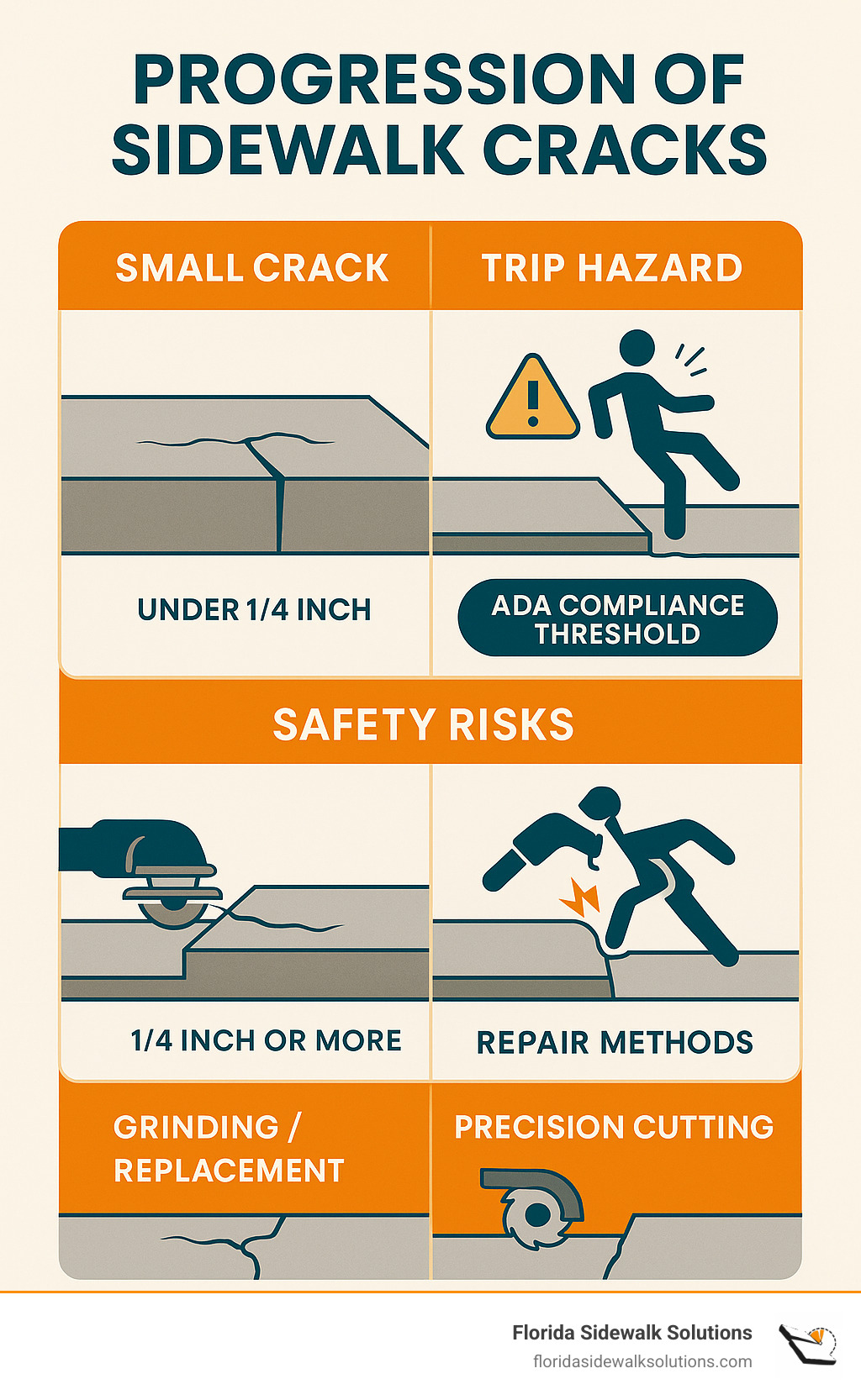 Infographic showing the progression from small sidewalk cracks to major trip hazards, including ADA compliance thresholds, safety risks, and repair method comparisons between traditional grinding/replacement versus precision cutting technology - cement crack repair infographic 