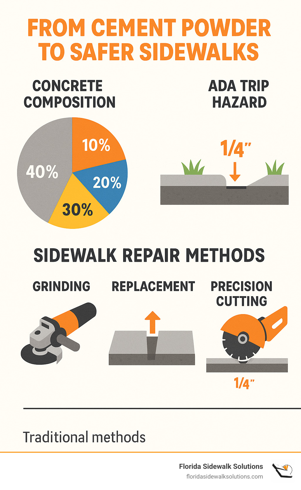 Infographic showing concrete composition (10% cement, 20% water, 30% sand, 40% gravel) and ADA trip hazard definition of 1/4 inch elevation changes, with comparison of repair methods including grinding, replacement, and precision cutting for sidewalk safety - cement companies near me infographic 
