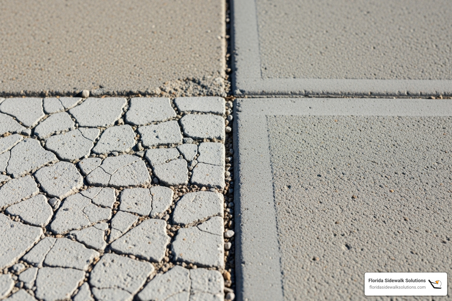 A failed DIY concrete patch next to a professionally repaired, level sidewalk - Concrete maintenance services