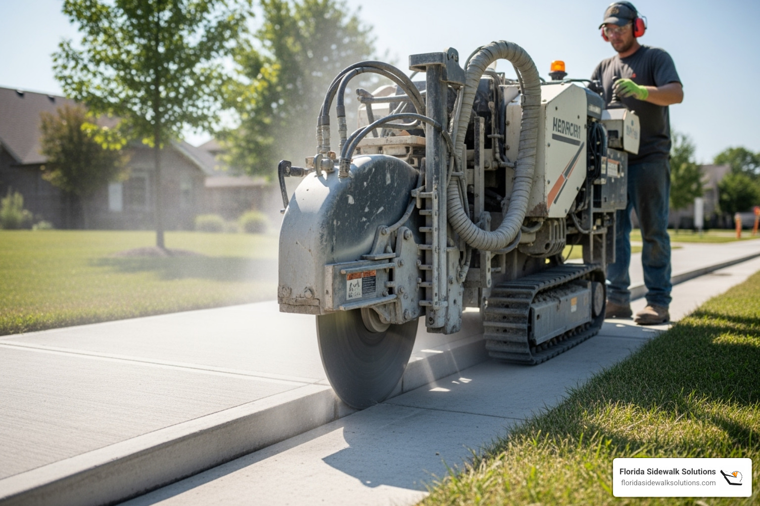 A specialized concrete cutting machine creating a smooth, level transition on a sidewalk - Concrete maintenance services
