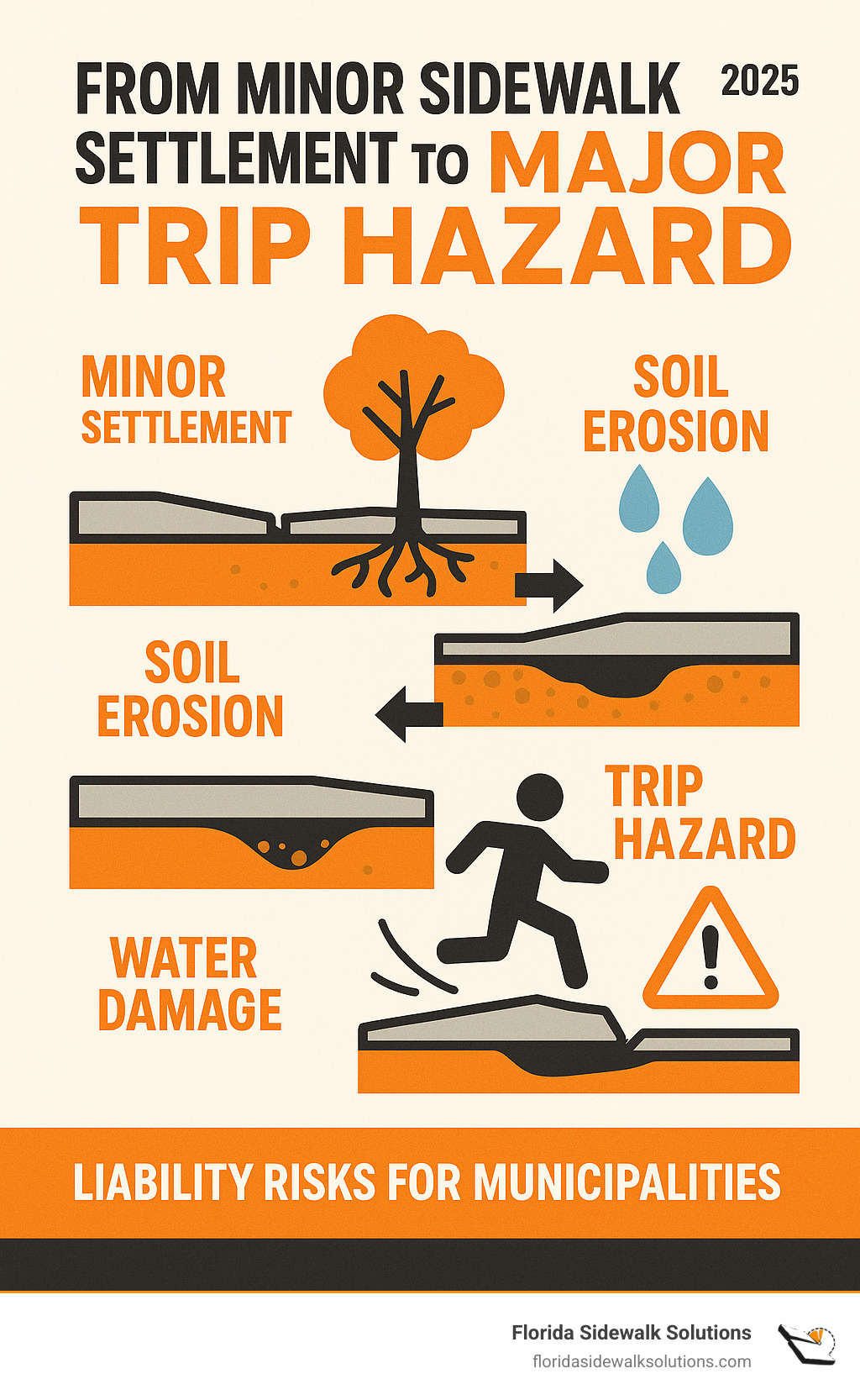 Infographic showing the progression from minor sidewalk settlement to major trip hazards, including tree root intrusion, soil erosion, water damage, and the resulting liability risks for municipalities - Concrete maintenance services infographic 