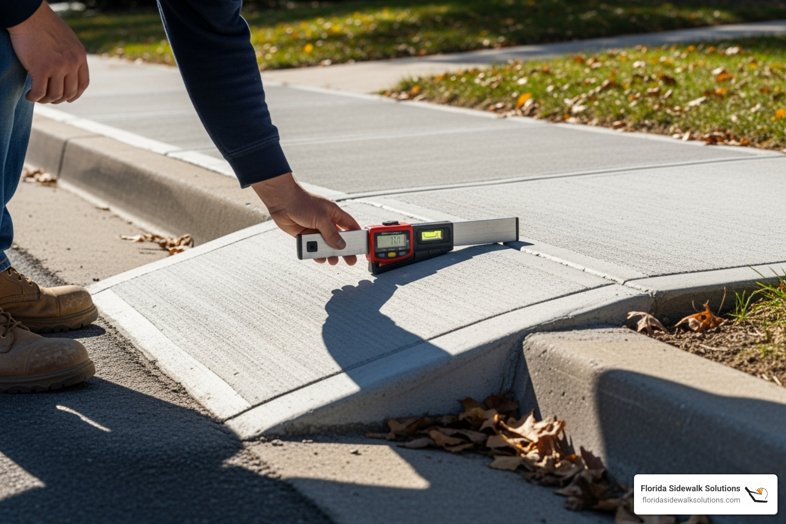 person measuring curb ramp slope - curb ramp