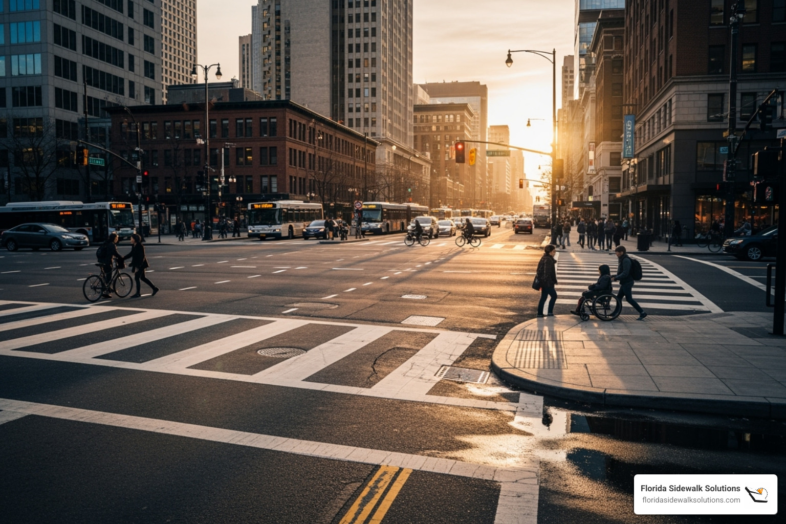 curb ramp at busy city intersection with marked crosswalks - curb ramp