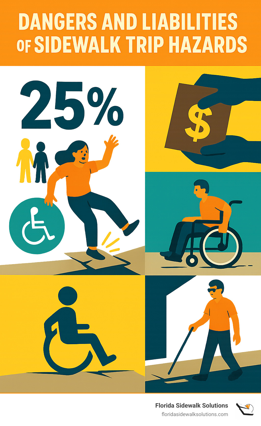 Infographic showing the dangers and liabilities of sidewalk trip hazards, including injury statistics, ADA compliance requirements, potential lawsuit costs, and the safety risks posed to pedestrians, wheelchair users, and visually impaired individuals - concrete leveling in Miami infographic 